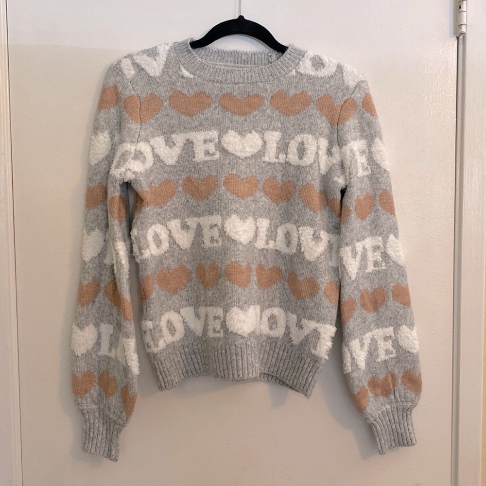 Lauren Lane Grey Love Sweater with Light Pink Hearts